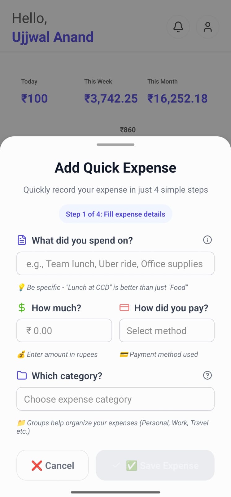Add Expense Screen - AuExpense Mobile App